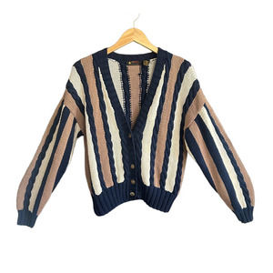 VTG Liz Sport Petite Hand Knit Chunky Cardigan Sweater Women's M Stripped